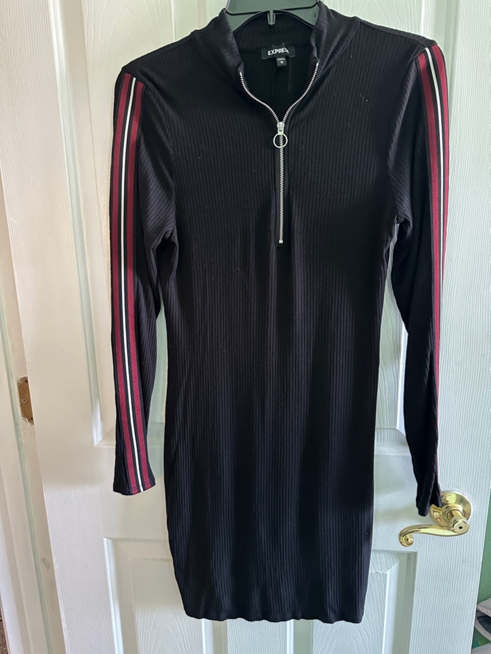 Express Black Ribbed Long-Sleeve Zip Dress with Pink Stripe Sleeves